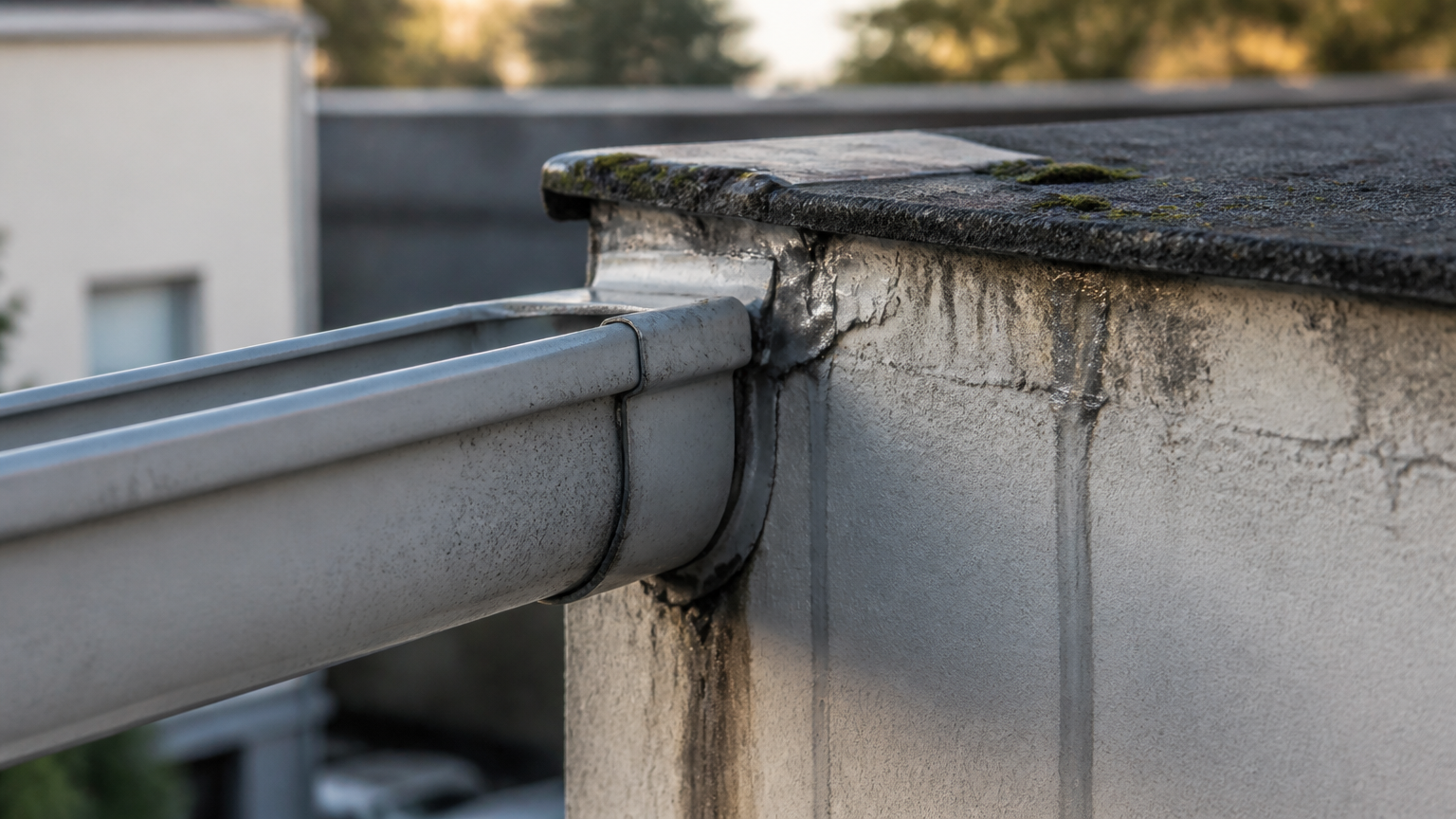 Sambungan talang dengan dinding parapet yang bernoda dan retak Sambungan talang dengan dinding parapet yang bernoda dan retak