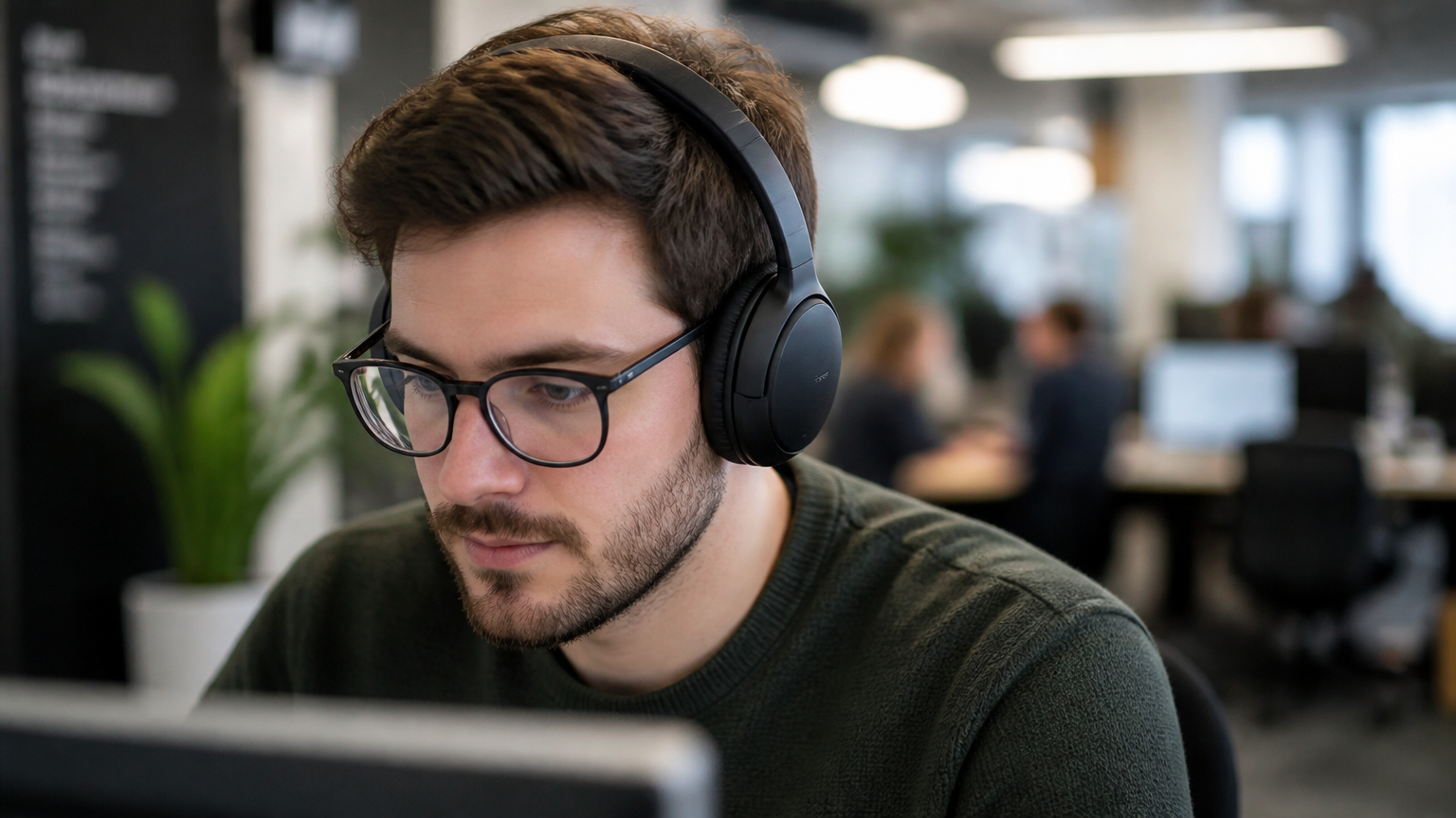 Seseorang mengenakan headphone saat bekerja di depan monitor