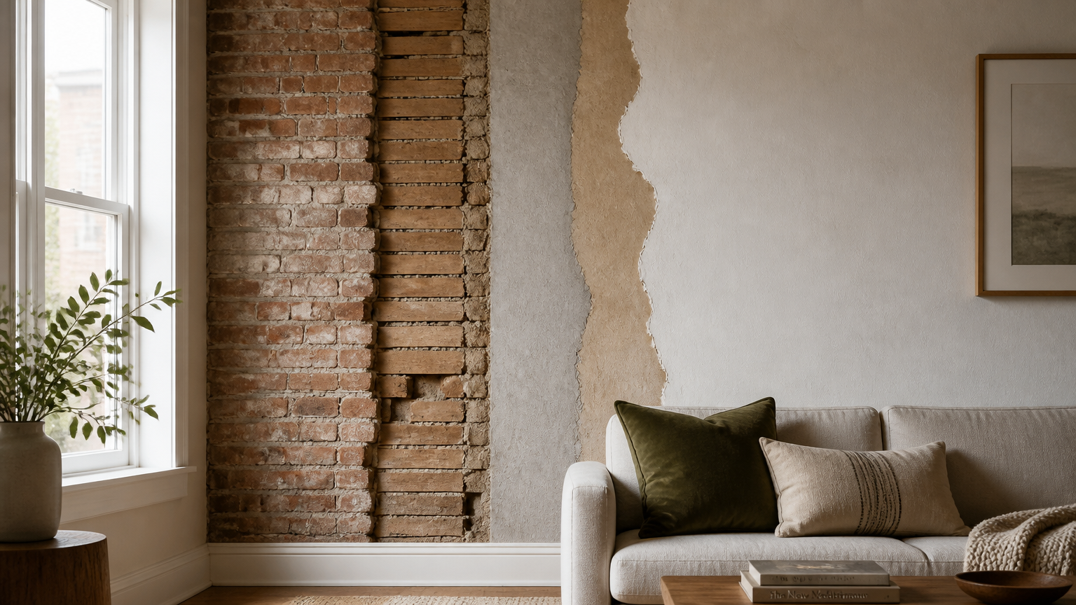 Ketebalan lapisan dinding interior Potongan dinding interior menunjukkan lapisan bata dan plester di belakang sofa