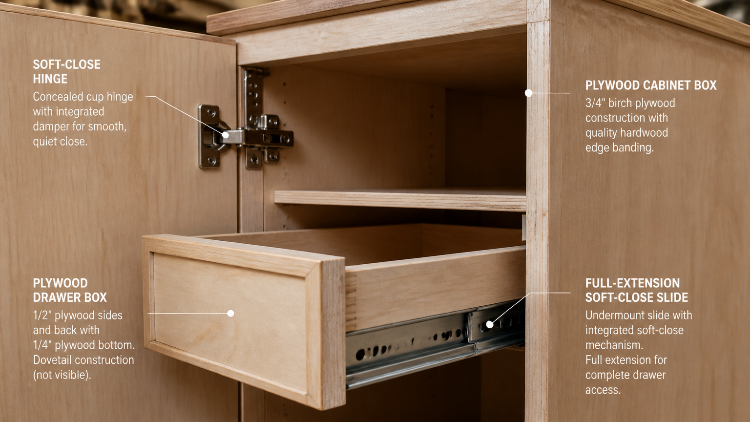 Diagram kabinet kayu dengan pintu dan laci terbuka memperlihatkan engsel serta rel Diagram kabinet kayu dengan pintu dan laci terbuka memperlihatkan engsel serta rel