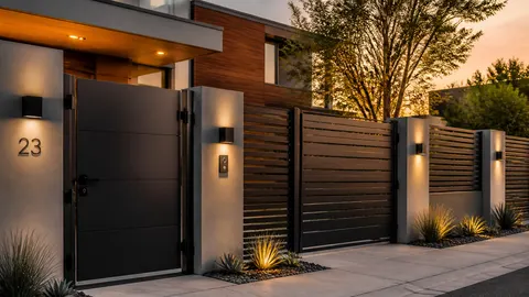 Gerbang dan pagar rumah berwarna gelap dengan lampu pada tiang