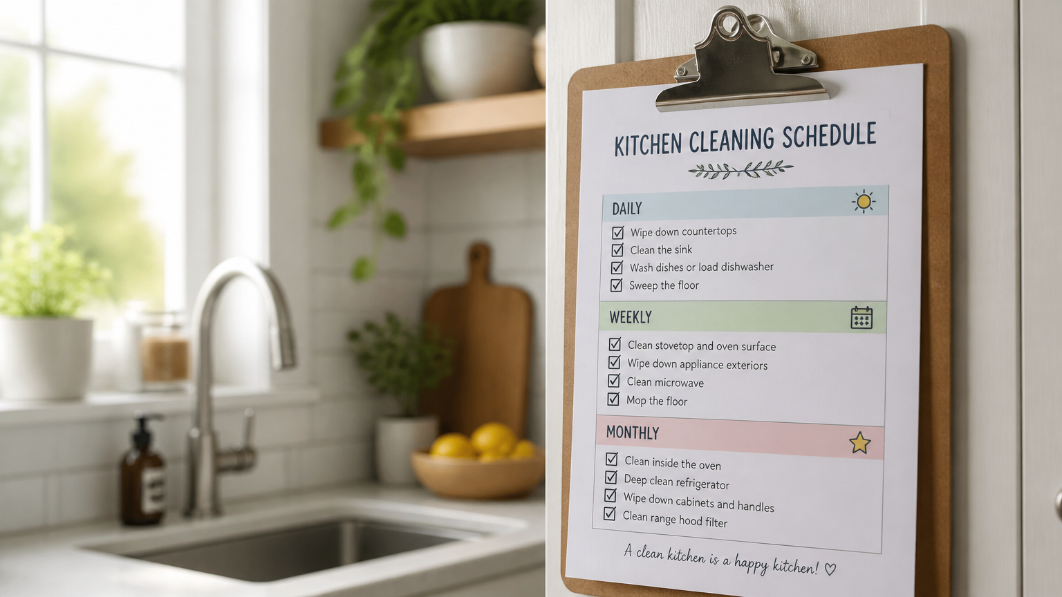 Daftar jadwal pembersihan dapur dipasang pada papan jepit Daftar jadwal pembersihan dapur dipasang pada papan jepit