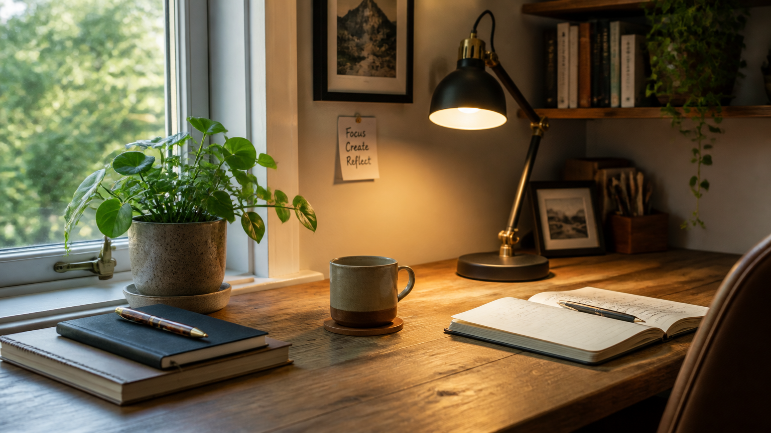 Meja dekat jendela dengan buku catatan, mug, dan lampu baca Meja dekat jendela dengan buku catatan, mug, dan lampu baca