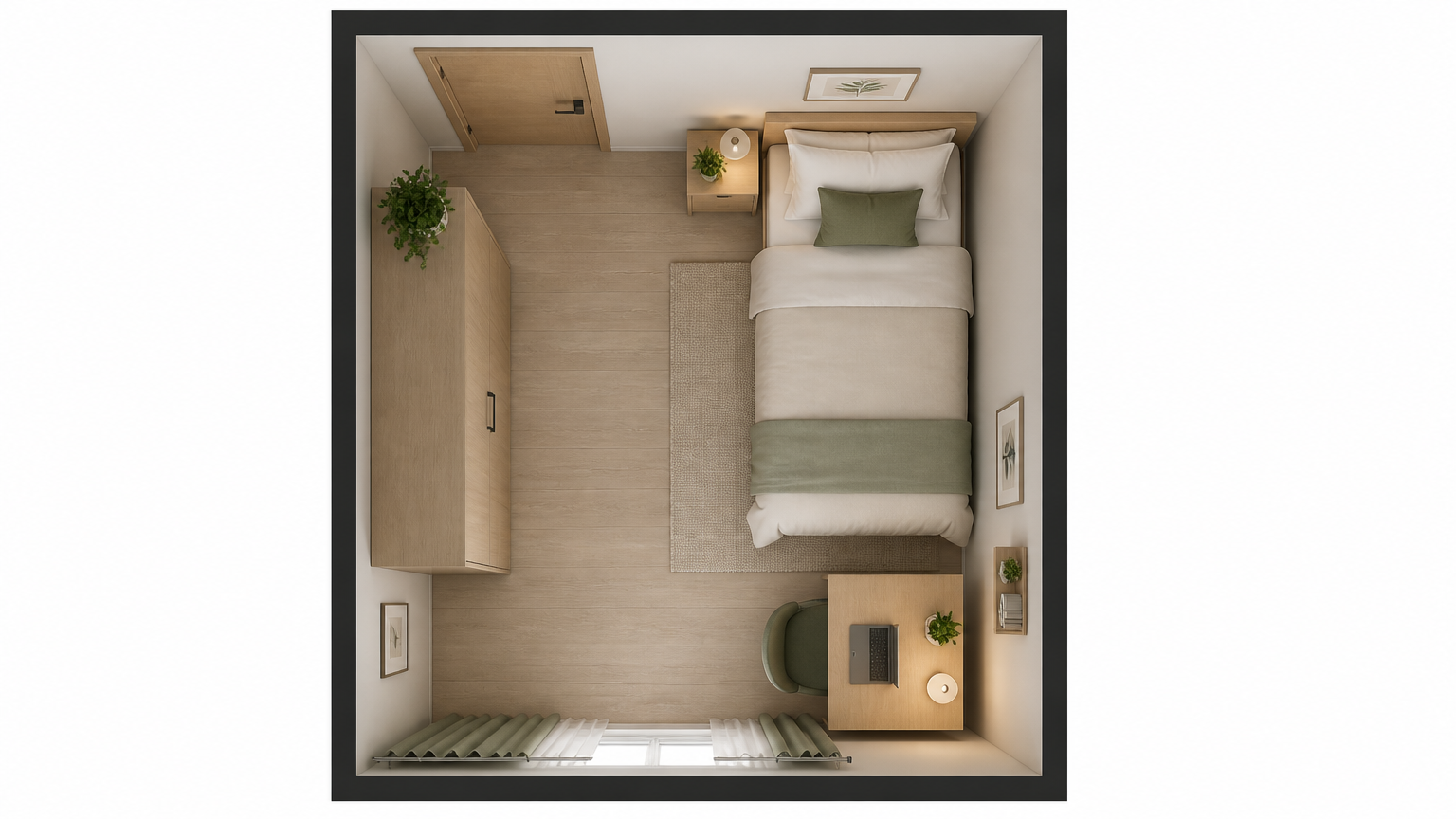 Denah kamar sempit dengan ranjang tunggal dan jalur tengah menuju meja Denah kamar sempit dengan ranjang tunggal dan jalur tengah menuju meja