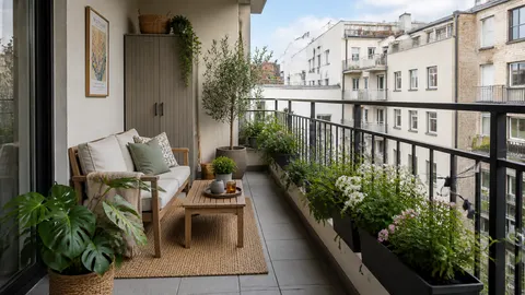 Balkon memanjang dengan sofa, meja kecil, dan pot tanaman di sepanjang pagar