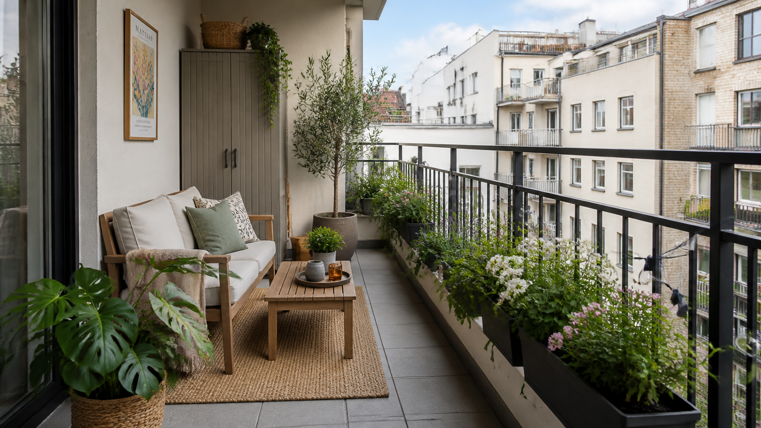 Balkon memanjang dengan sofa, meja kecil, dan pot tanaman di sepanjang pagar
