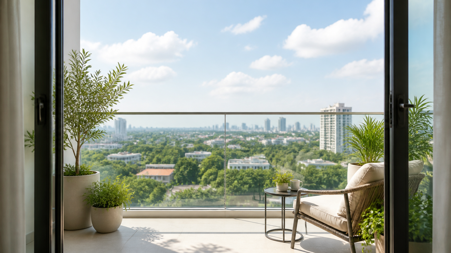 Pandangan melalui pagar kaca balkon Kursi balkon dan tanaman berada di balik pagar kaca bening dengan pandangan ke pepohonan