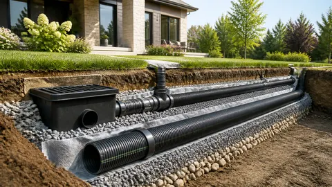 Pipa drainase dan bak saluran tersusun di atas lapisan kerikil dalam galian