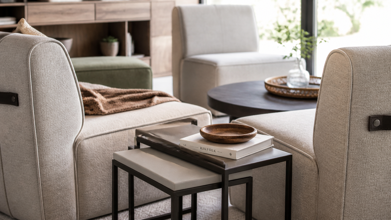 Meja samping bertumpuk di antara kursi dan sofa berlapis kain Meja samping bertumpuk di antara kursi dan sofa berlapis kain