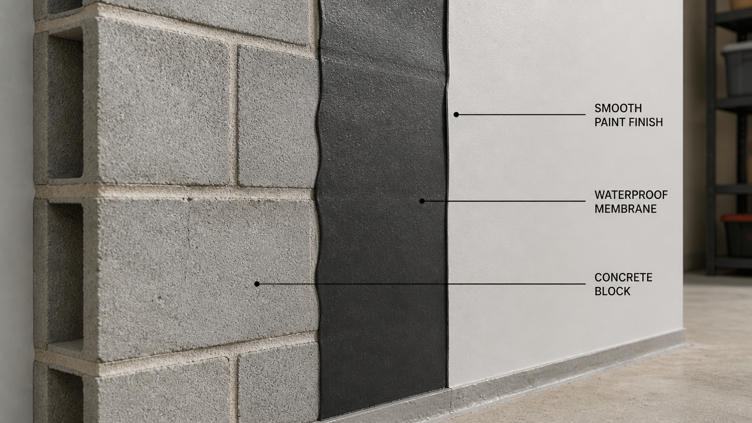 Diagram potongan dinding menunjukkan blok beton, membran pelindung, dan lapisan cat