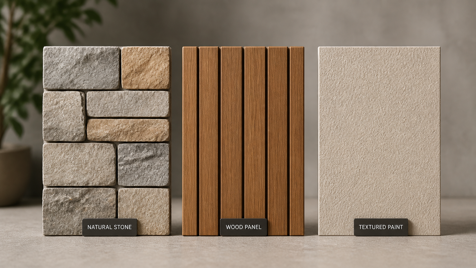 Tiga sampel pelapis fasad berupa batu, panel kayu, dan permukaan bertekstur Tiga sampel pelapis fasad berupa batu, panel kayu, dan permukaan bertekstur