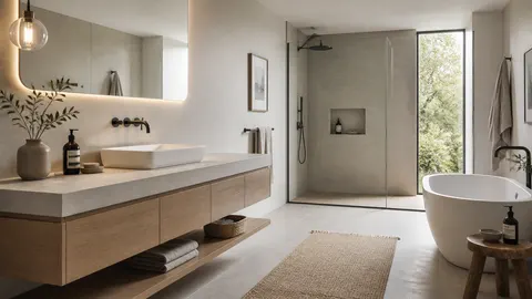 Kabinet wastafel panjang di kamar mandi dengan area pancuran dan bak mandi