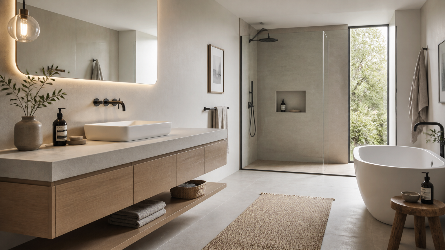 Kabinet wastafel panjang di kamar mandi dengan area pancuran dan bak mandi