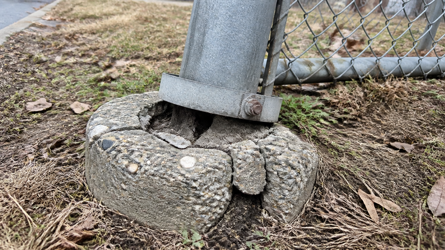 Beton pondasi yang retak di bawah tiang pagar logam