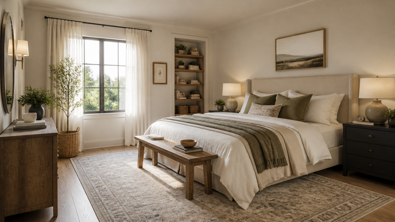 Kamar tidur dengan karpet bermotif, bangku kayu, tanaman, dan hiasan dinding