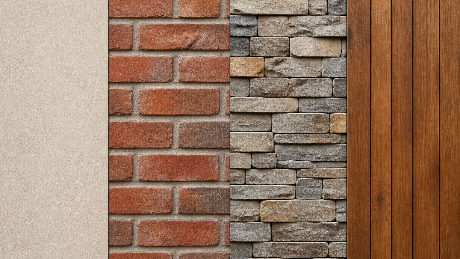 Permukaan bata merah, batu susun, dan papan kayu diperlihatkan dalam tiga bidang berdampingan