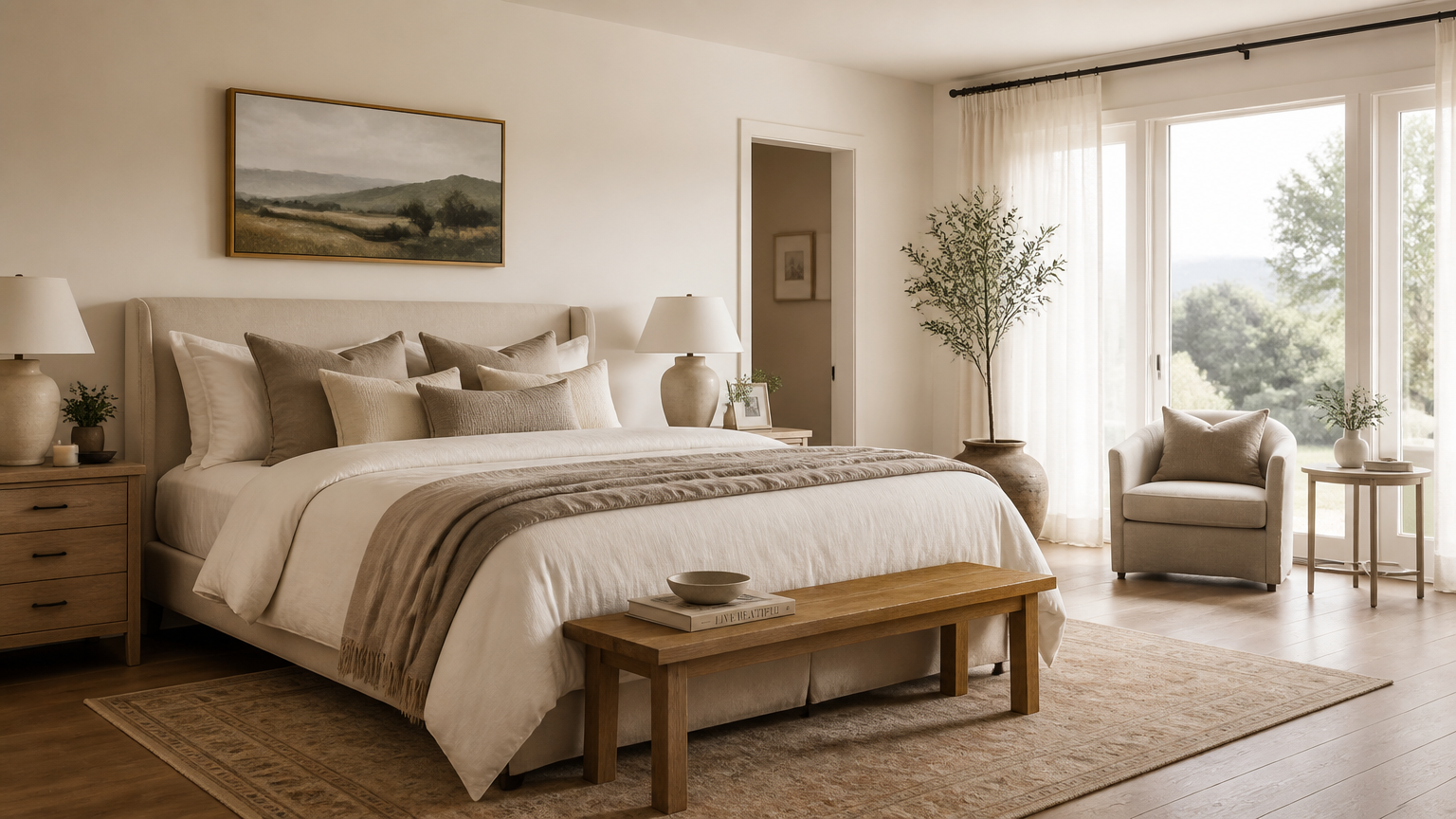 Kamar tidur dengan dinding krem, seprai terang, dan furnitur bernuansa kayu