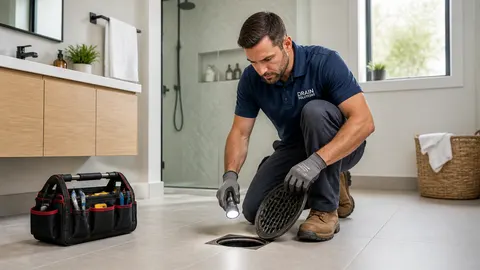 Teknisi memeriksa lubang drainase di lantai kamar mandi dengan senter