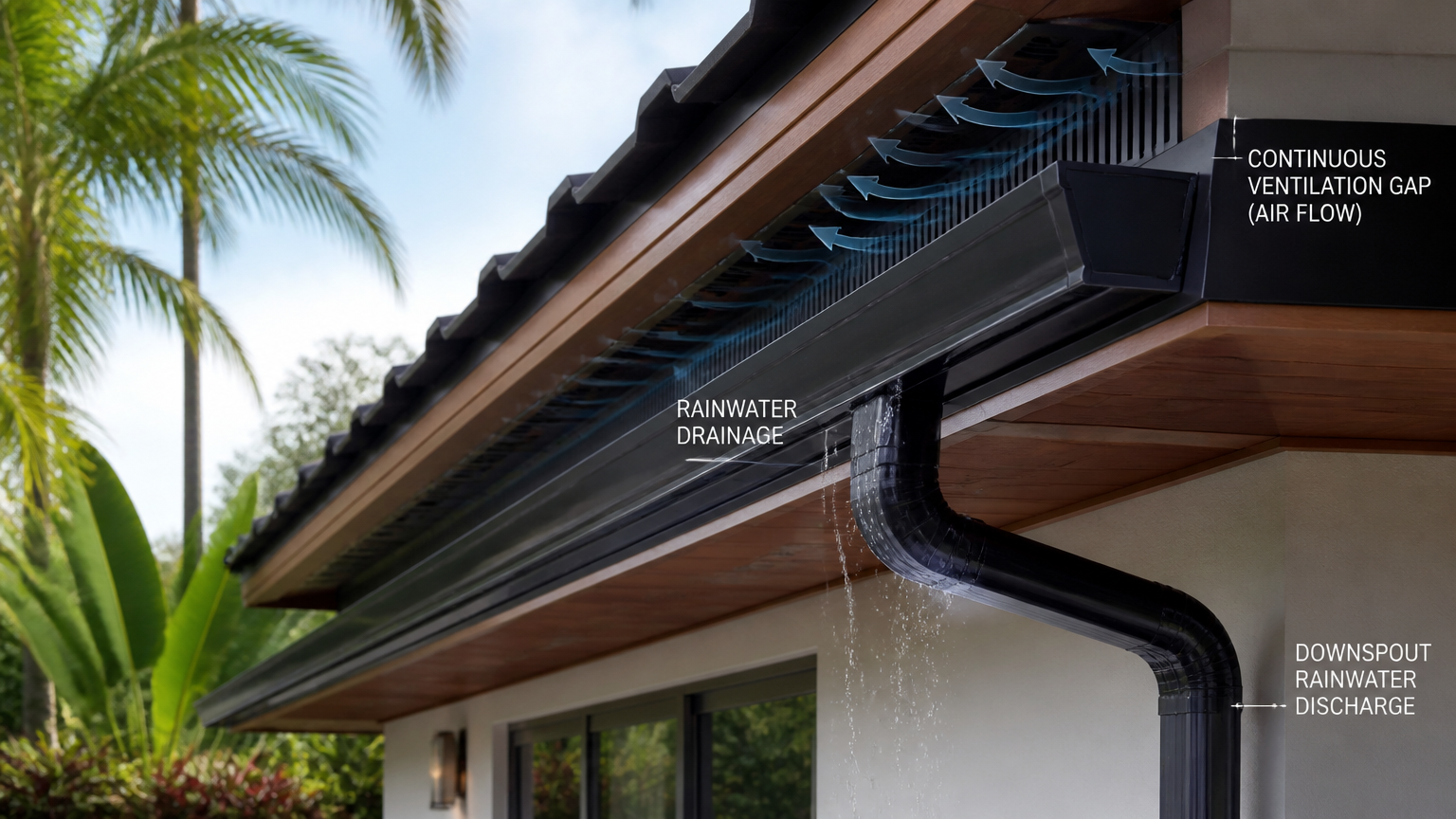 Detail tepi atap dengan penanda celah ventilasi, talang, dan pipa air hujan