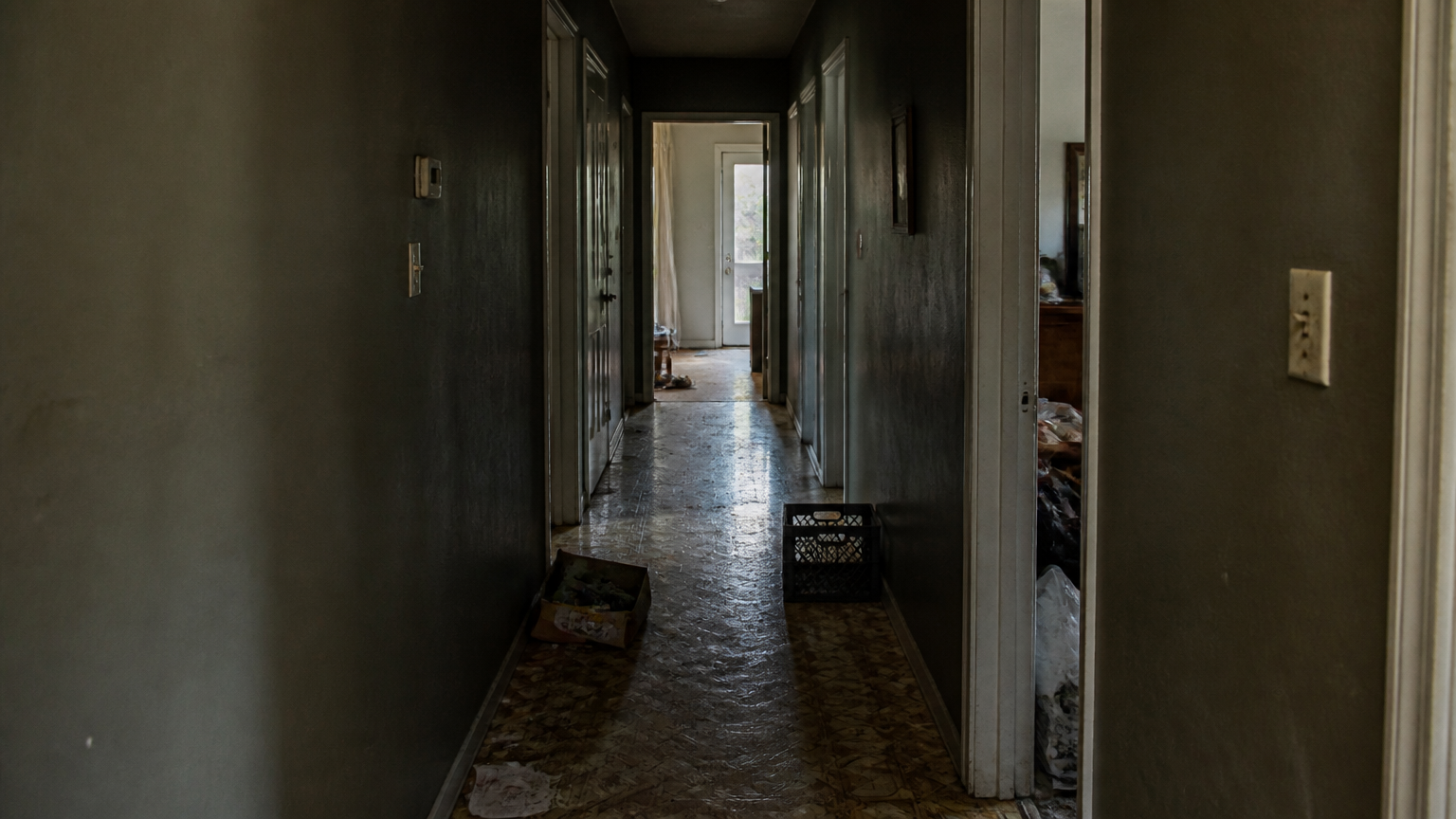 Lorong redup dengan dinding gelap dan jalur menuju pintu di ujung