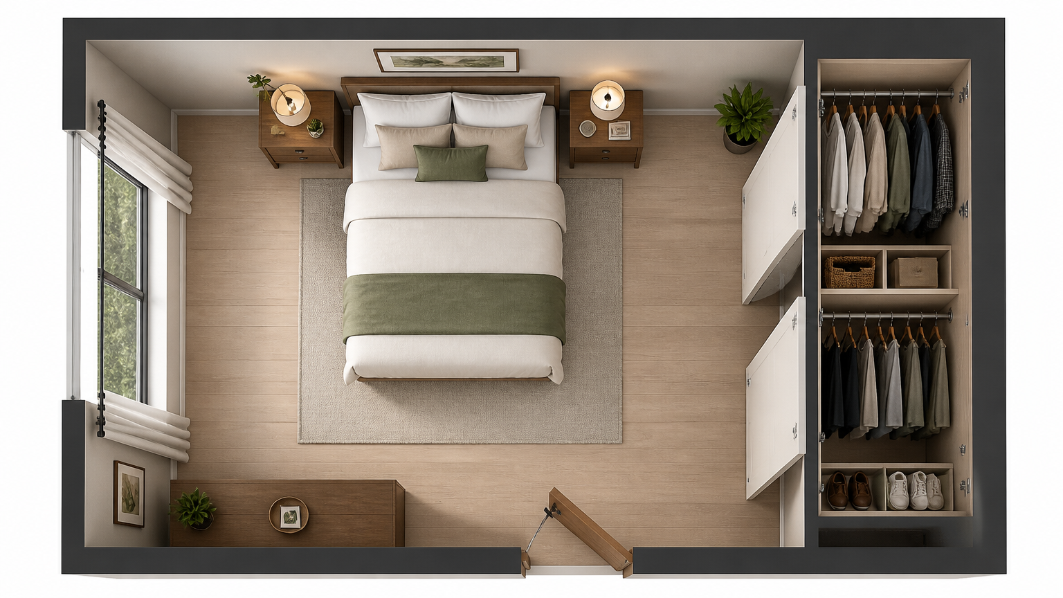 Denah kamar tidur dengan tempat tidur, karpet, dan lemari di sisi kanan