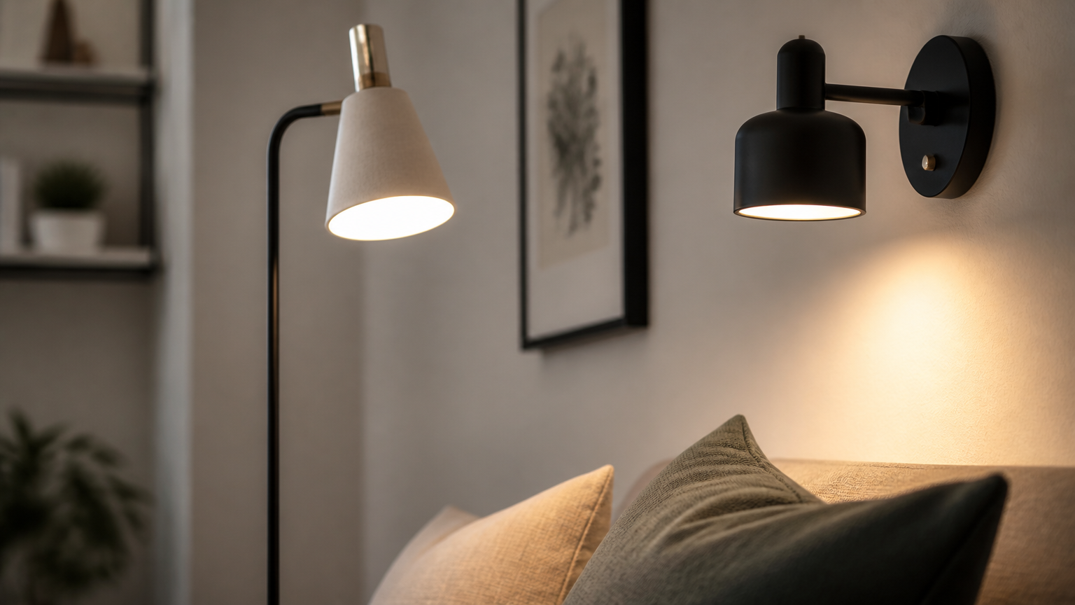 Lampu baca berdiri dan lampu dinding diarahkan ke area sofa Lampu baca berdiri dan lampu dinding diarahkan ke area sofa