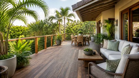 Teras berpapan kayu dengan pagar, sofa, dan meja makan di dekat taman