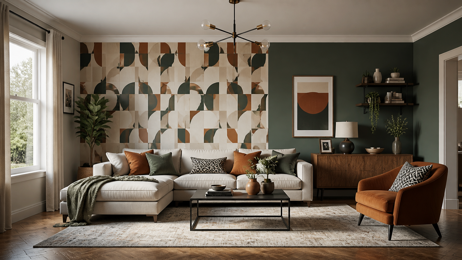 Ruang keluarga memadukan dinding bermotif geometris dengan bidang hijau gelap dan sofa terang