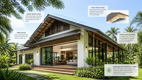 Rumah beratap pelana dengan penanda ventilasi, teritisan, dan insulasi