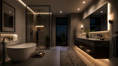 Kamar mandi malam hari dengan lampu plafon, cermin, ceruk, dan bawah kabinet
