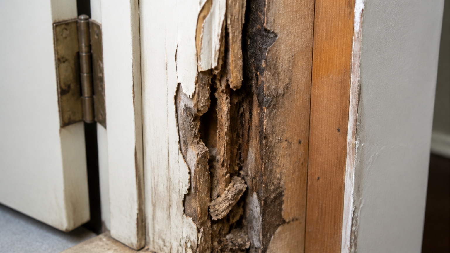 Kayu pada kusen pintu terbuka dan lapuk di bawah lapisan cat yang terkelupas