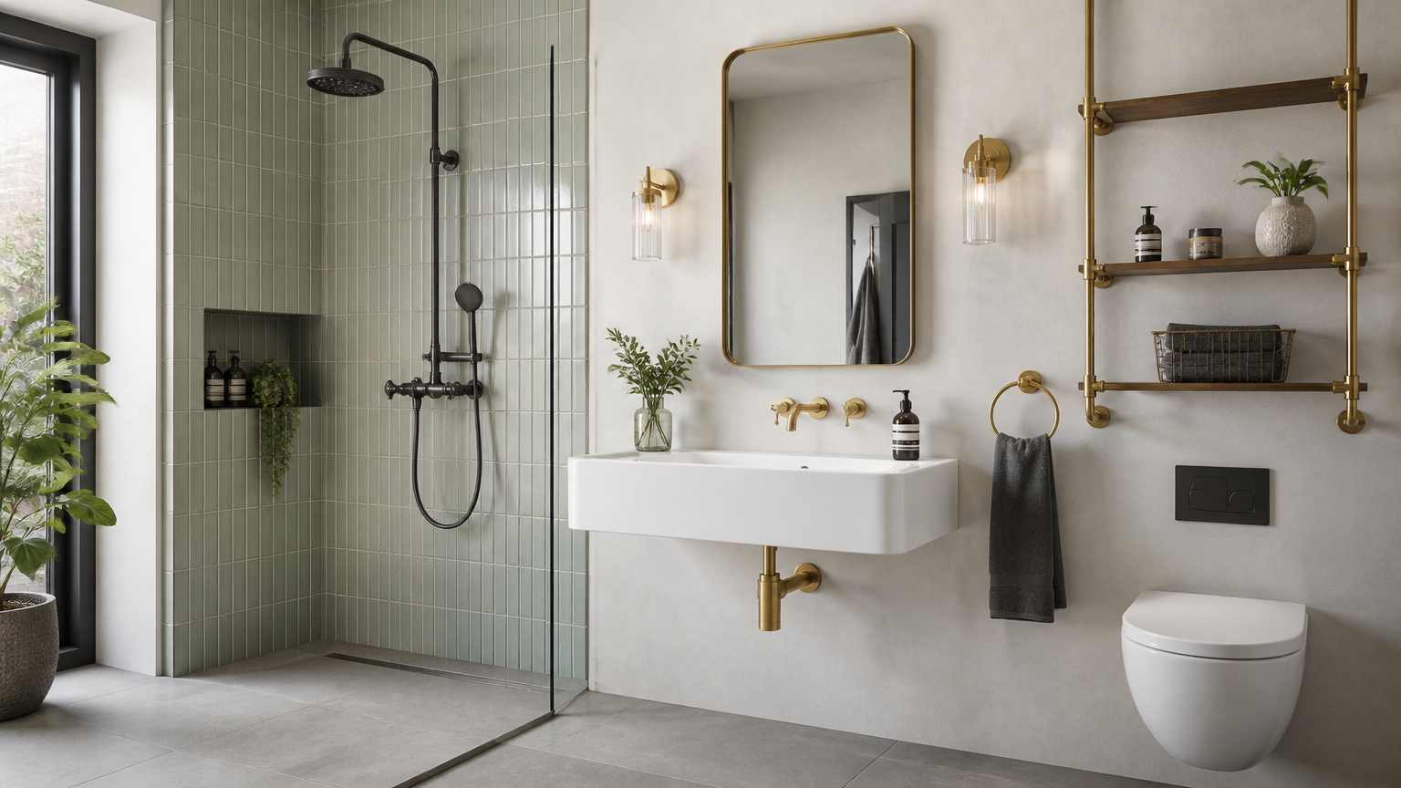 Kamar mandi dengan shower hitam, wastafel putih, dan aksesori dinding berwarna emas