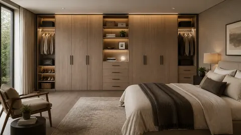 Lemari kamar tidur memenuhi satu dinding dengan rak terbuka dan gantungan pakaian