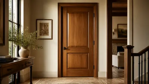 Pintu kayu berpanel dengan warna hangat berdiri di dekat tangga dan meja konsol