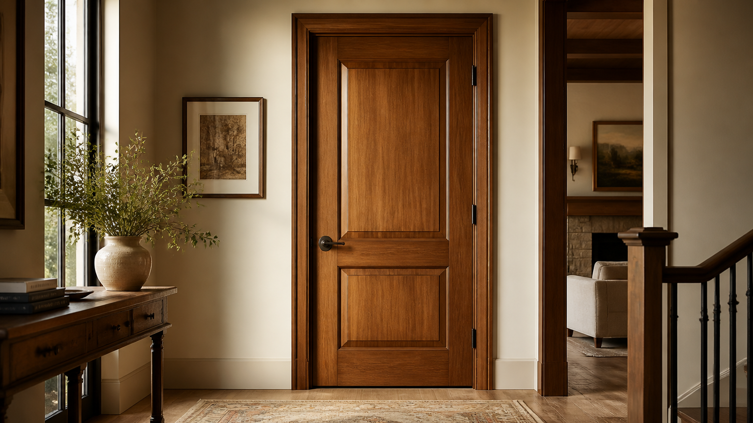Pintu kayu berpanel dengan warna hangat berdiri di dekat tangga dan meja konsol