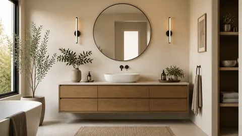 Wastafel putih pada kabinet kayu di bawah cermin bulat