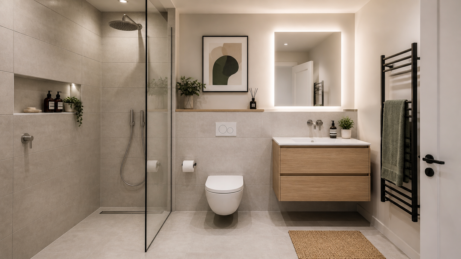 Kamar mandi ringkas dengan pancuran, toilet, dan kabinet wastafel