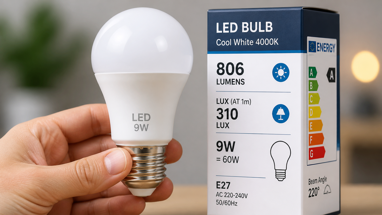 Spesifikasi pada kemasan bohlam LED Tangan memegang bohlam LED di samping kemasan yang mencantumkan lumen, watt, dan lux