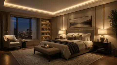 Kamar tidur dengan lampu plafon tersembunyi, lampu meja, dan pencahayaan rak