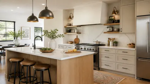 Dapur dengan meja kerja terang, rak terbuka, dan peralatan yang tersusun