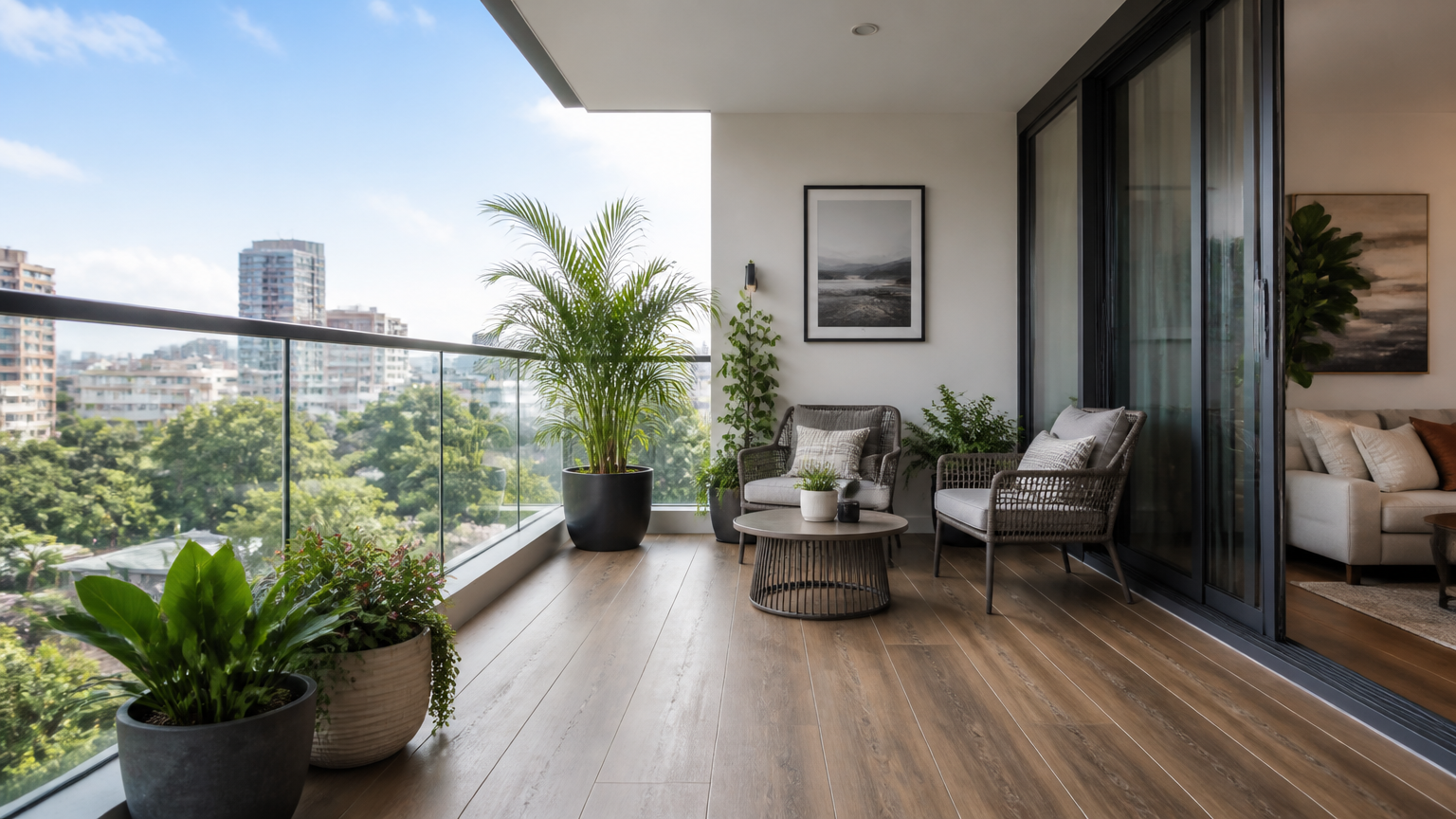 Balkon berlantai motif kayu dengan kursi, meja bundar, dan pagar kaca