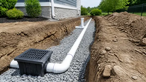 Pipa drainase dan bak berkisi dipasang di atas kerikil dalam galian