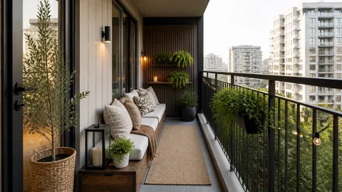 Balkon sempit dengan bangku memanjang, tanaman gantung, dan jalur di sisi pagar