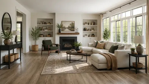 Ruang keluarga berlantai motif kayu dengan karpet pada area sofa dan meja