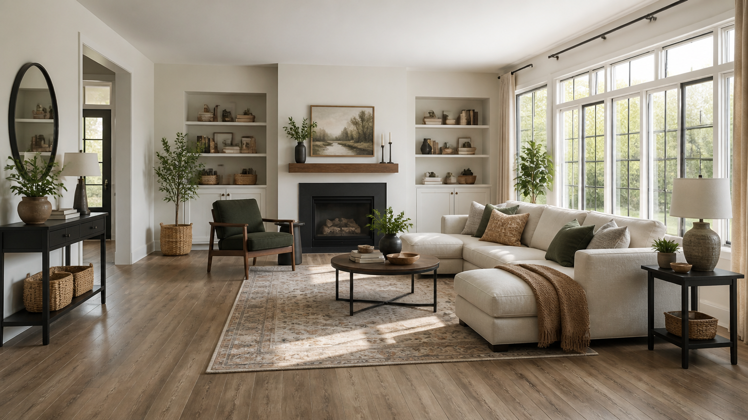 Ruang keluarga berlantai motif kayu dengan karpet pada area sofa dan meja