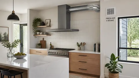 Dapur dengan tudung pengisap, saluran buang, dan kisi masuk udara di dinding