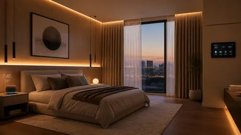 Kamar tidur dengan pencahayaan tersembunyi dan panel kendali di dinding