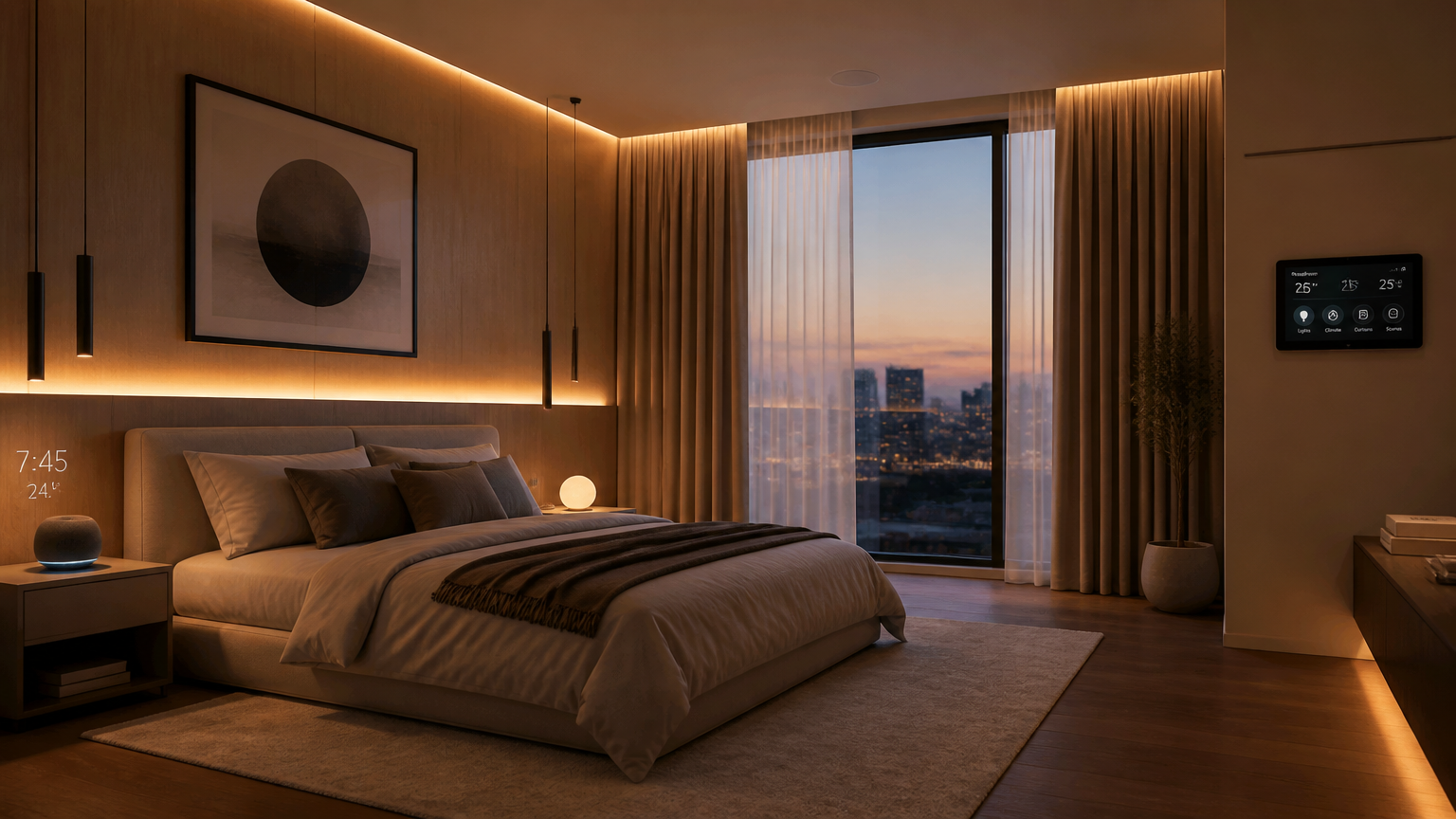 Kamar tidur dengan pencahayaan tersembunyi dan panel kendali di dinding