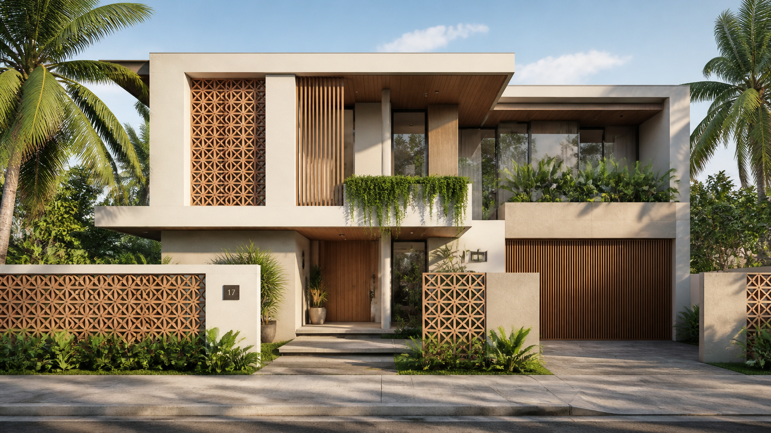 Fasad rumah dengan panel berlubang, kisi vertikal, dan tanaman di balkon
