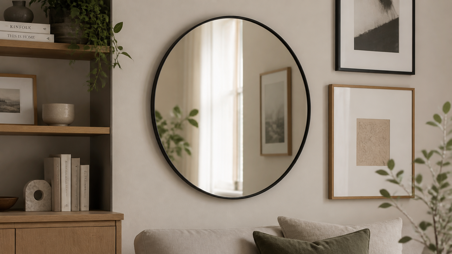 Cermin bulat berbingkai tipis ditempatkan di atas sofa dekat rak Cermin bulat berbingkai tipis ditempatkan di atas sofa dekat rak